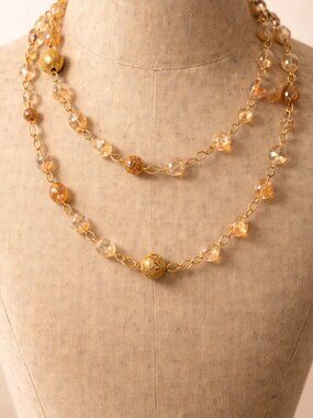 Gold Faceted Double Strand Necklace with Gold Tone Chain Links Amber Color Vtg